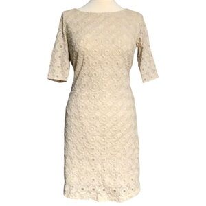 Banana Republic Crochet Sheath Dress 8 Beige Nude Lined Knee Length Lace